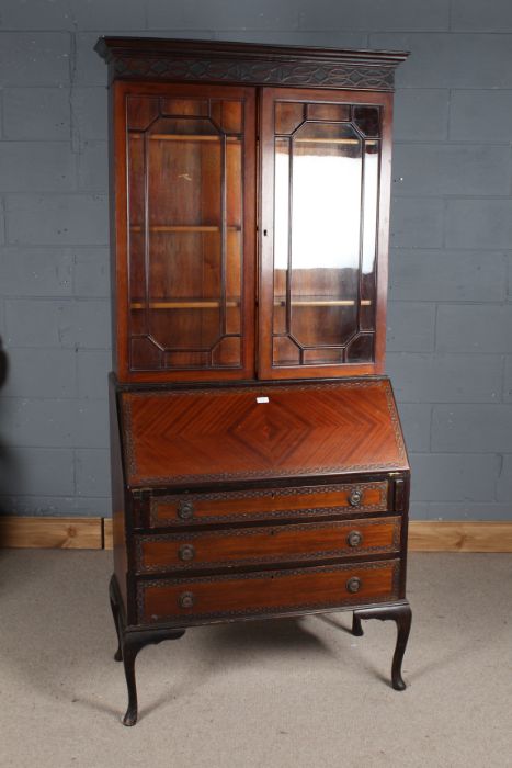 Early 20th century mahogany bureau bookcase, the moulded top above a pair of astragal glazed doors - Image 2 of 3