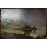 20th century British School, study of a lake with ruins, unsigned oil on canvas, unframed, 76.5cm