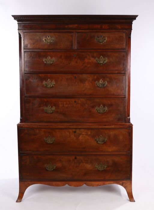 19th Century mahogany chest on chest, the Greek key cornice above two short and five long drawers