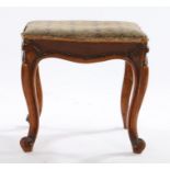 Victorian walnut framed Stool, with a tapestry seat above scroll and cabriole legs terminating in