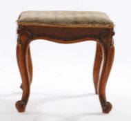 Victorian walnut framed Stool, with a tapestry seat above scroll and cabriole legs terminating in