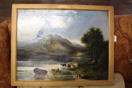 19th century English School, landscape of cattle watering in a river, with mountains to the