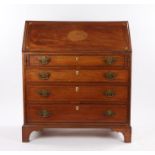 George III mahogany and marquetry inlaid bureau, the fall with ebony and boxwood stringing and