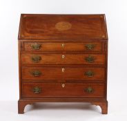 George III mahogany and marquetry inlaid bureau, the fall with ebony and boxwood stringing and