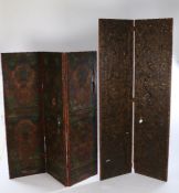 19th Century three-fold leather screen, having leather panels designed with flower-filled baskets