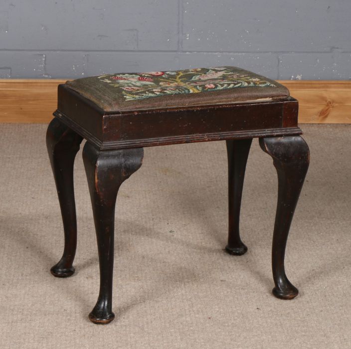 George III style oak dressing stool, having needlework drop in seat and raised on cabriole legs