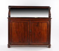 William IV mahogany chiffonier, the shelved gallery top above a mirror back and scroll arms above
