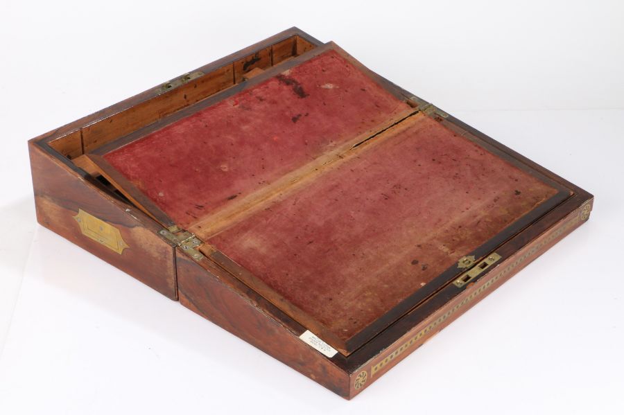 Victorian rosewood and brass banded writing box, the lid with vacant shaped cartouche, the slope - Image 2 of 2