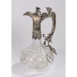 Victorian silver plate mounted claret jug, the pierced beaded and scroll handle with mythical