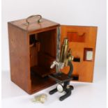 F. Koristka Milano monocular microscope, No 30671, with brass body, two objectives, housed in a