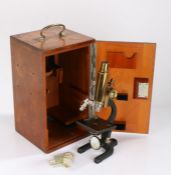 F. Koristka Milano monocular microscope, No 30671, with brass body, two objectives, housed in a