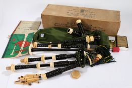 Set of Bagpipes in original R.G Lawrie box, with Canmore Pipe Bag, Chanter, stamped R.G Lawrie,