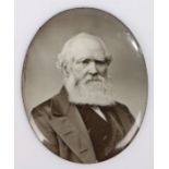 19th Century photograph on enamel, of a gentleman with a white beard, the reverse with the text 'A.