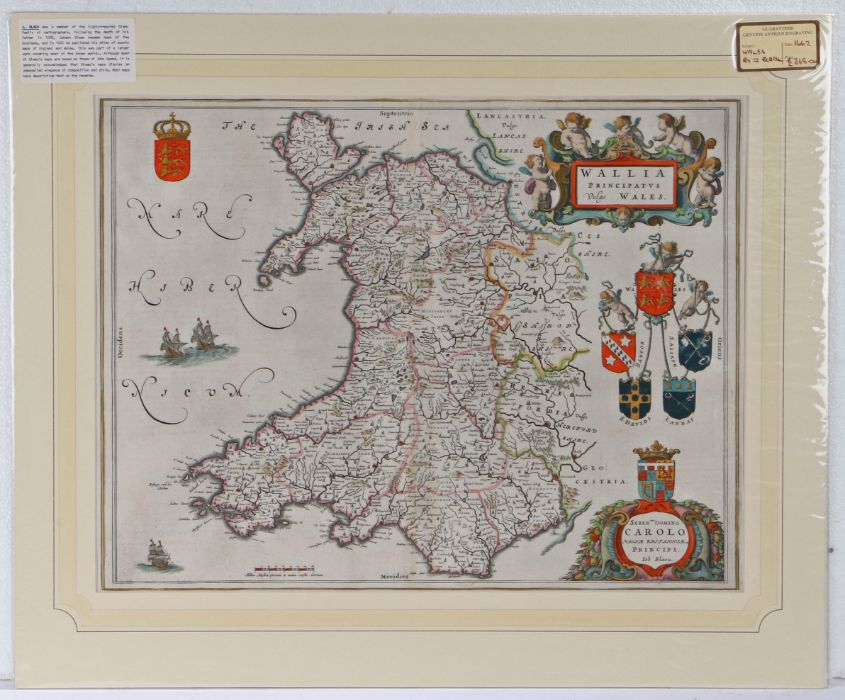 J. Blaeu, coloured map engraving, Wales, circa 1660,  "Wallia principatus vulgo Wales", mounted,