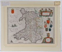 J. Blaeu, coloured map engraving, Wales, circa 1660,  "Wallia principatus vulgo Wales", mounted,