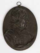 Cast metal plaque depicting Oliver Cromwell in profile, 10cm wide, 13cm high