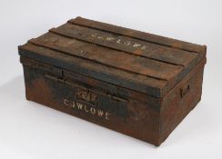 Substantial steamer trunk, the lid and front painted "C.J.W. LOWE", with sliding locking bar to