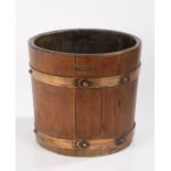 Coopered teak waste paper basket, with plaque "FROM THE TEAK OF H.M.S. WARSPITE", 28cm high, 30cm