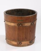 Coopered teak waste paper basket, with plaque "FROM THE TEAK OF H.M.S. WARSPITE", 28cm high, 30cm