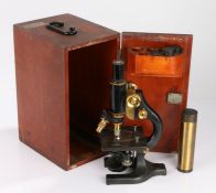 Spencer monocular microscope, number 58533, with ebonised and brass body, retailers label for