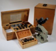 OMO Russian binocular field microscope, No. 731230, housed in original case, together with a