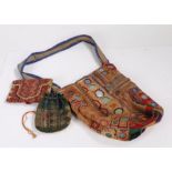 Indian Abhala Bharat Shisha work bag, 38cm long,  together with two further Indian purses (3)