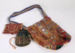 Indian Abhala Bharat Shisha work bag, 38cm long,  together with two further Indian purses (3)