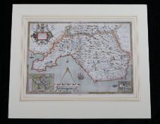 Christopher Saxton, coloured map engraving, Glamorganshire, amended by P Lea, with cartouches