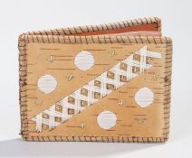 Micmac Native American bark wallet, with a criss-cross and circular design, with interior bark