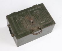 Early 19th century green painted cast iron Revenue military strong box, with Queen's crown mark,