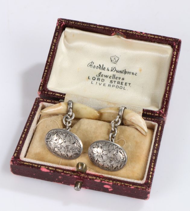 Pair of Victorian fox teeth set cufflinks, the silver foliate engraved face assayed for Birmingham - Image 2 of 2