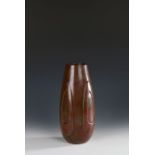 Japanese bronze vase, by Yashima Boshu (1925-2001) elongated shape in chestnut brown with red splash