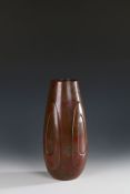 Japanese bronze vase, by Yashima Boshu (1925-2001) elongated shape in chestnut brown with red splash