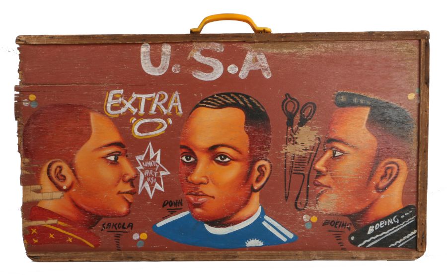 West African double sided hair dresser sign, Mali, circa 1990, the first side in red with U.S.A. - Image 2 of 2