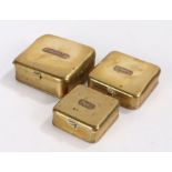 Graduated set of three brass fishing bait boxes, with embossed cooper plates to the lid inscribed