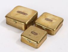 Graduated set of three brass fishing bait boxes, with embossed cooper plates to the lid inscribed