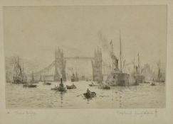 Rowland Langmaid (1897 - 1956), "Tower Bridge", signed etching, housed in an ebonised glazed