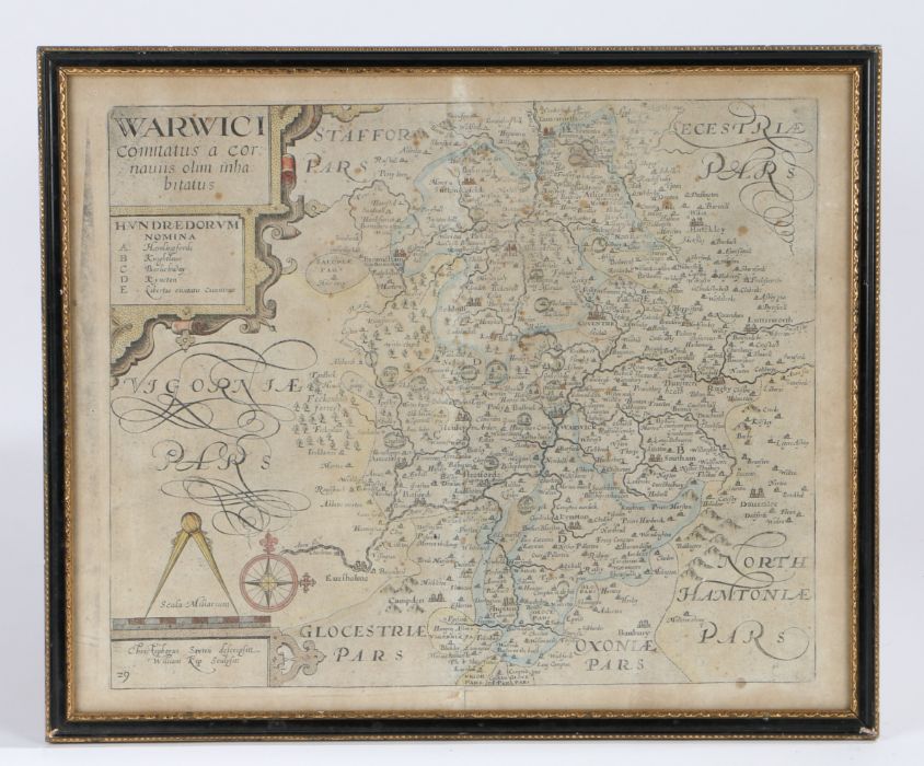 Christopher Saxton/William Kip, an early 17th century hand-coloured map engraving, "WARWICI -