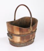 Coopered teak coal bucket, with plaque "FROM THE TEAK OF H.M.S. WARSPITE", with swing handle, 39cm