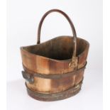Coopered teak coal bucket, with plaque "FROM THE TEAK OF H.M.S. WARSPITE", with swing handle, 39cm