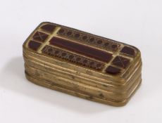 Victorian brass and purple glass mounted snuff box, the geometric decorated purple and clear glass