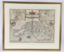 John Speede, coloured map engraving, "GLAMORGAN SHYRE With the fittuations of the chiefe towne