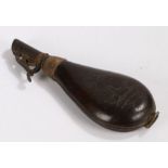 19th century powder flask the leather body with raised hunting scene above the adjustable steel