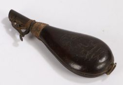 19th century powder flask the leather body with raised hunting scene above the adjustable steel