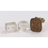 Three fob seals, to include oval glass example engraved "ANN", rectangular glass example engraved "