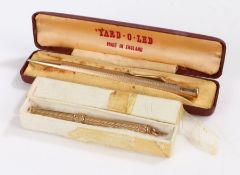 Yard-O-Led rolled gold propelling pencil, in original box, engine turned gold plated sliding