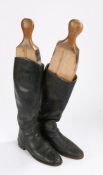 Pair of Marlborough black leather riding boots, with wooden shoe trees, size 8