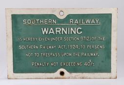 Cast metal railway sign "SOUTHERN RAILWAYS WARNING IS HEREBY GIVEN UNDER SECTION 97(2) OF THE
