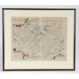 Christopher Saxton/William Kip, an early 17th century hand-coloured map engraving, "Lecestriae -