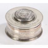 George V silver inkwell, London 1935, maker Garrard & Co. Ltd. the hinged lid with crest and latin